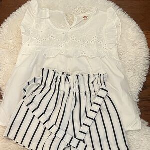 White Floral Top and Striped Shorts Set